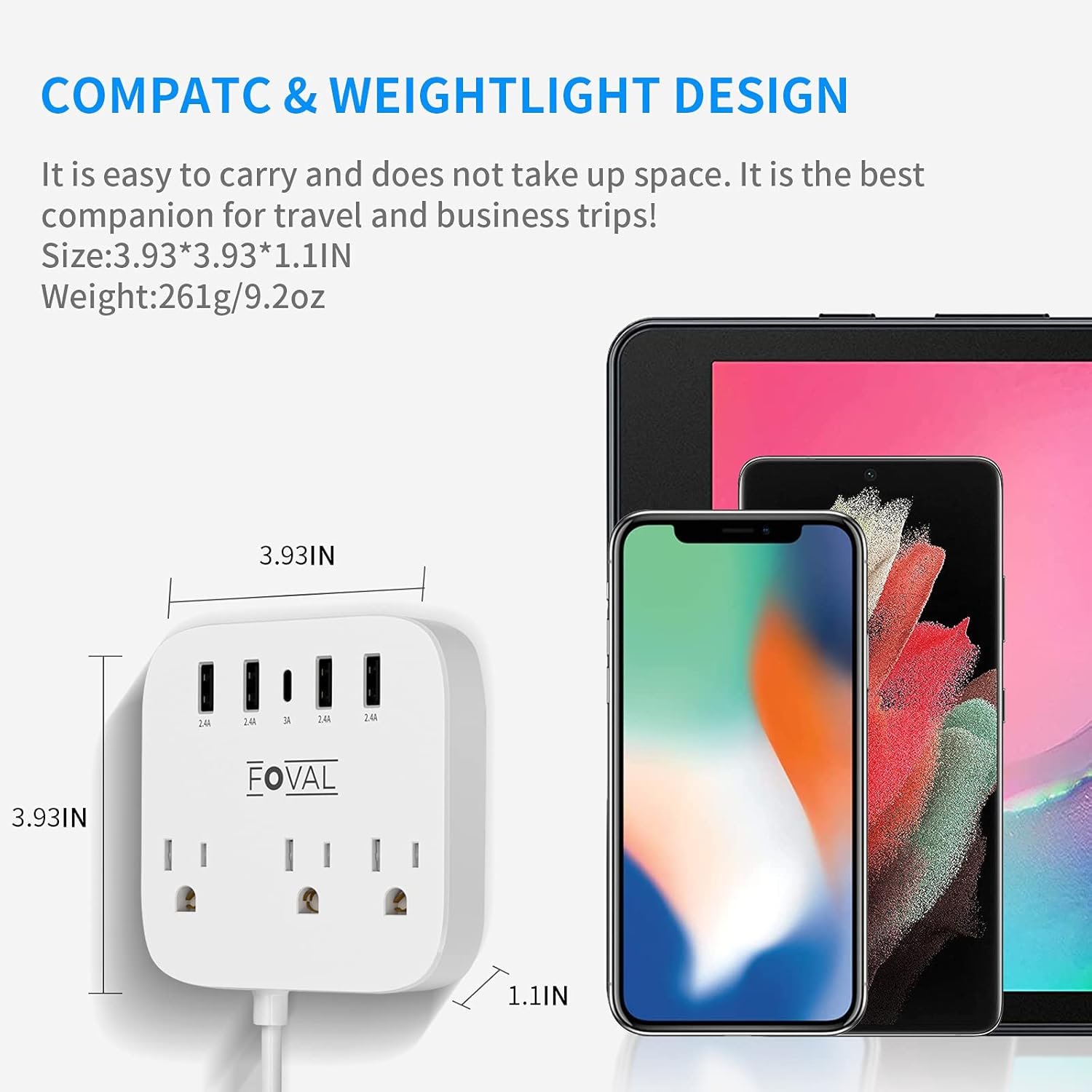 European Travel Plug Adapter, FOVAL EU UK US Power Strip with USB C and 4 USB Ports, 3 AC Outlets, Wall Mountable, 5ft Extension Cord, Compact for Travel, Cruise Ship, Home Office (White) - Image 6