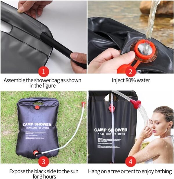 DkOvn Solar Shower Bag, 1/2/4 Pack 5 Gallons/20L Camping Shower Bag, Portable Shower Bag with Removable Hose and On-Off Switchable Shower Head for Camping Beach Swimming Outdoor Traveling - Image 5