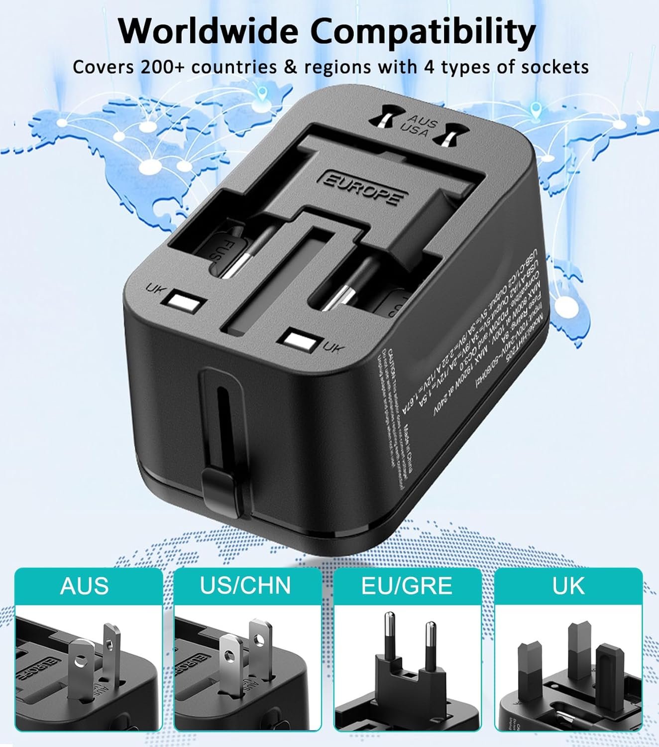 Universal Travel Adapter Worldwide, European Travel Plug Adapter with 2 USB C, 2 USB A and Multi AC Outlets, International Power Adaptor for EU US UK AUS 200+ Countries, Travel Essentials - Image 3