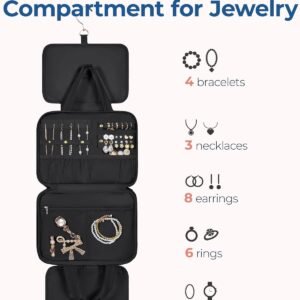 BAGSMART Travel Toiletry Bag with Jewelry Organizer, Hanging Travel Bag for Toiletries, Puffy Makeup Cosmetic Bag Organizer, Carry-on Travel Accessories Essentials, Black-M