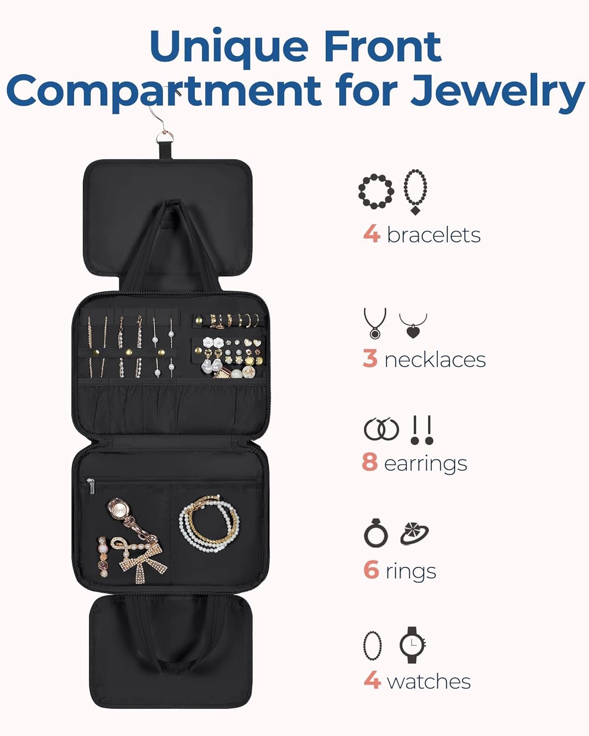 BAGSMART Travel Toiletry Bag with Jewelry Organizer, Hanging Travel Bag for Toiletries, Puffy Makeup Cosmetic Bag Organizer, Carry-on Travel Accessories Essentials, Black-M - Image 2