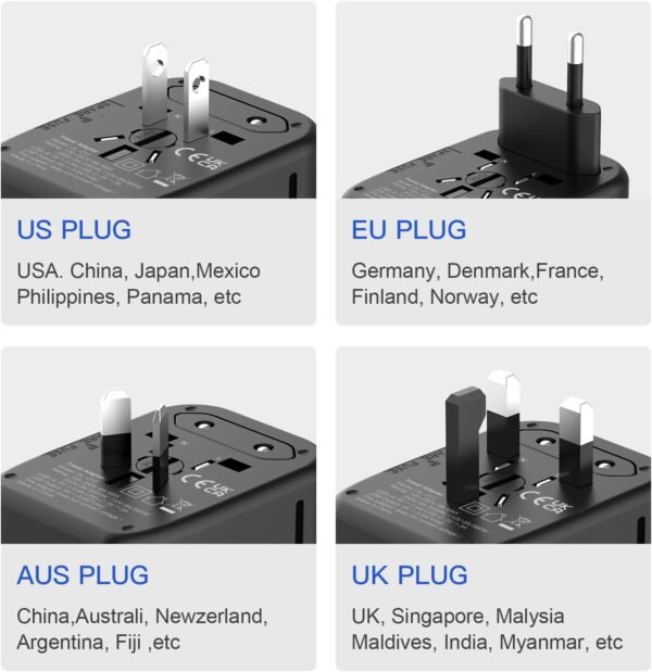 Universal International Power Travel Plug Adapter, 5 in 1 European Travel Plug Adapter W/ 3.5A 2xUSB-A and 2xUSB C Wall Charger and Worldwide AC Outlet for Europe USA UK AUS Asia - Image 4