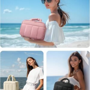 BAGSMART Travel Toiletry Bag, Puffy Large Toiletry Bag for Women, Lightweight Cosmetic Makeup Bag Organizer with Handle for Traveling, Accessories, Essentials, Toiletries （Dark Pink