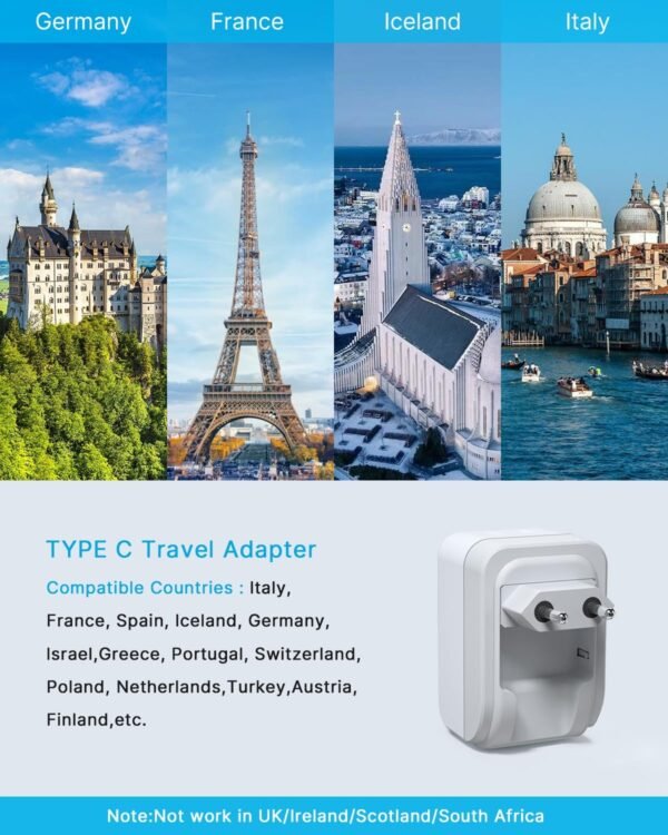 2 Pack European Travel Plug Adapter, VINTAR Foldable International Power Adapter with 2 AC Outlets 3 USB Charging Ports(2 USB C), Type C Power Adaptor to Most Europe Italy Spain France Iceland Germany - Image 3