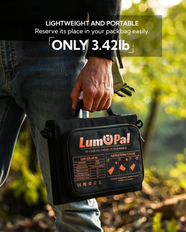 Portable Solar Panel, LUMOPAL 60W Foldable Solar Panels Folding Solar Charger with PD60W USB C QC3.0 USB A Output Waterproof for Camping Backpacking Compatible with Phone Laptop Portable Power Station - Image 6