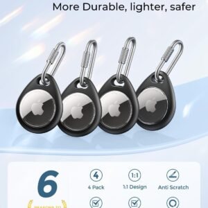 UNBREAKcable AirTag Holder for Apple -4-Pack–[Easy to Install] [All-Round Protection][Anti-Scratch] Heavy-Duty 304 Stainless Steel Keychain with Durable TPU Case for Backpacks/Pets/Luggage