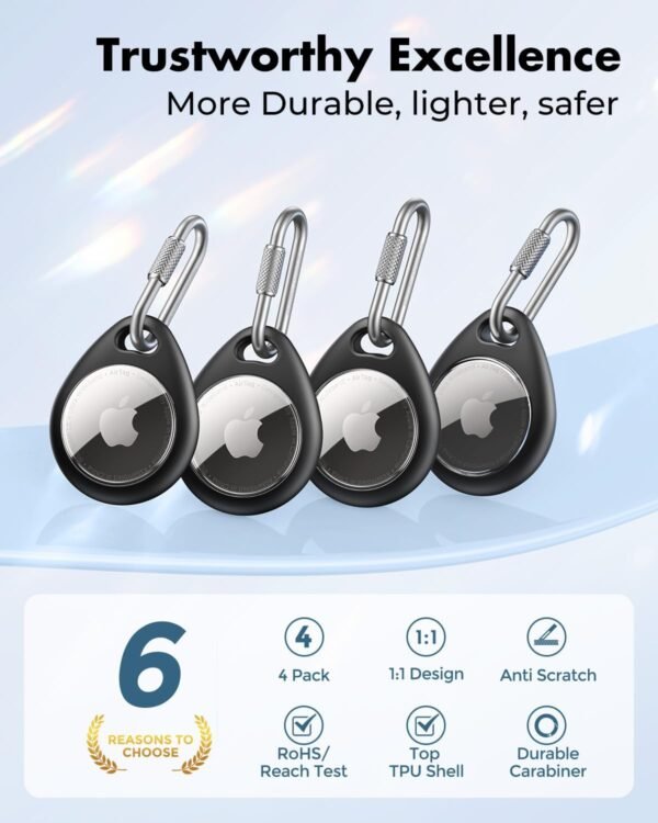 UNBREAKcable AirTag Holder for Apple -4-Pack–[Easy to Install] [All-Round Protection][Anti-Scratch] Heavy-Duty 304 Stainless Steel Keychain with Durable TPU Case for Backpacks/Pets/Luggage - Image 2