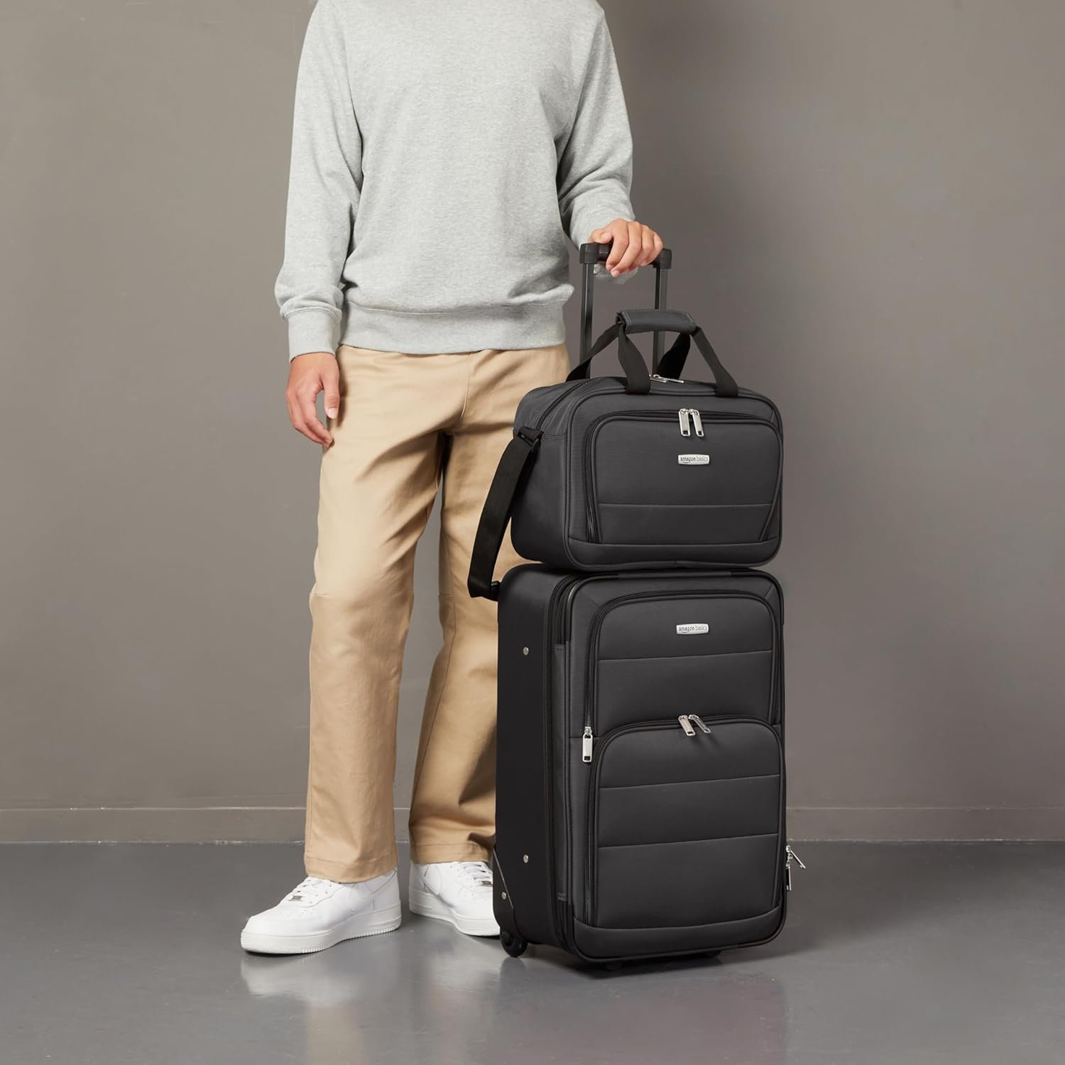 Amazon Basics Luggage Sets, Carry-On 23-Inch, tote 15-Inch, Suitcase With Wheels, Expandable Extra Space (+15%), Front Pockets and Telescopic Handle, Black - Image 5