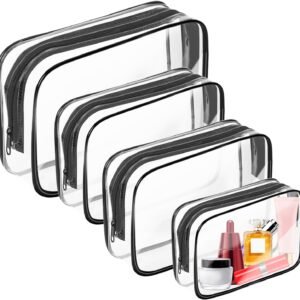 AURUZA 4 Pack Clear Toiletry Bag, Portable Travel Makeup Pouch with Zipper, TSA Approved Organizer, PVC Cosmetic for Airport Airline Compliant