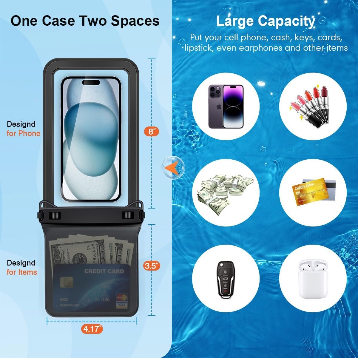 Double Space Waterproof Phone Pouch, 2 Pack Waterproof Phone Case with Lanyard for iPhone 16 15 14 Pro Max up to 8.5’’, Cellphone Dry Bag for Beach Vacation Travel Cruise Essentials - Image 2