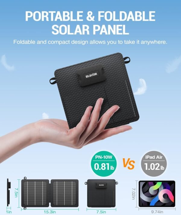 BLAVOR 10W Portable Solar Charger(5V/2A Max), Small Foldable Solar Panel with USB-C USB-A Outputs Compatible with Cell Phone Tablet, IPX4 Waterproof for Camping, Hiking, Backpacking - Image 2