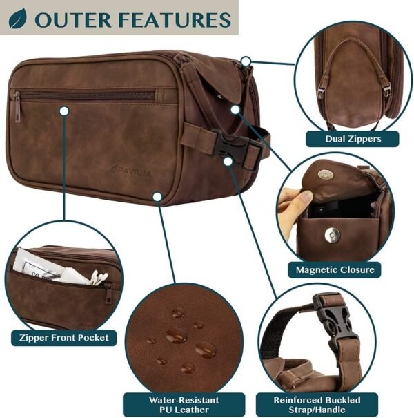 PAVILIA Toiletry Bag for Men, Travel Essentials Shaving Dopp Kit, Mens Travel Bag Toiletries Organizer Case for Grooming, PU Leather Water Resistant Cosmetic Bag Pouch (Dark Brown) - Image 3