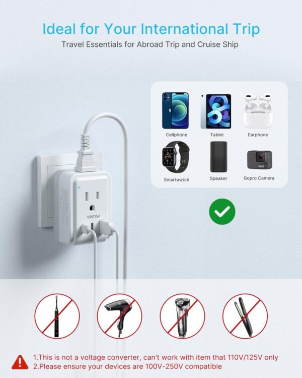 2 Pack European Travel Plug Adapter, VINTAR Foldable International Power Adapter with 2 AC Outlets 3 USB Charging Ports(2 USB C), Type C Power Adaptor to Most Europe Italy Spain France Iceland Germany - Image 6
