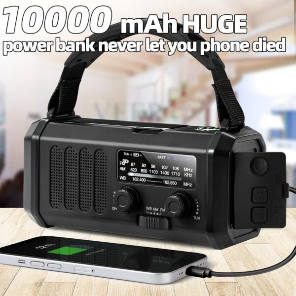 Hand Crank Emergency Radio,37000mWh Solar Powered Portable NOAA AM FM Weather Radio with 3Mode Flashlight and Reading Light,Cell Phone Charger,Home and Emergency Distress Signal (Black) - Image 4
