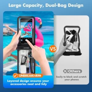UNBREAKcable IPX8 Waterproof Phone Pouch 2-Pack, Double Space Waterproof Phone Case for iPhone 15 16 Pro Max up to 7″, Cellphone Dry Bag with Lanyard for Vacation Beach Kayak Cruise Travel Essentials