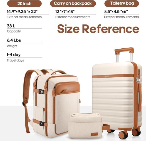 Luggage Sets 3 Piece, Carry On Luggage 20 Inch With Spinner Wheels,PC Hardside Suitcase Set with TSA Lock,Durable Carry On Suitcase With Travel Backpack for Men (Beige, 3 piece set (20inch)) - Image 7