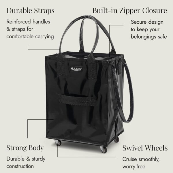 (Medium, Black) Reusable Grocery Bag On Wheels, Shopping Trolley, Rolling Tote, Zipper Closure, Lightweight, Carries Up to 66 lb, Folds Flat, Unbreakable Handles - Image 7