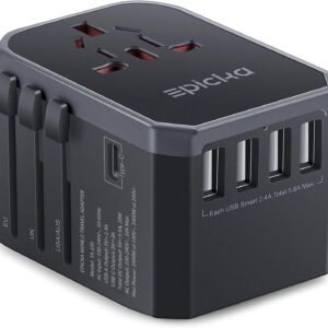 EPICKA Universal Travel Adapter, European Travel Plug Adapter (Not a Voltage Converter) – International Power Adapter Worldwide Charger with USB-C & 4 USB-A Ports, Travel Essentials (TA-105, Grey)