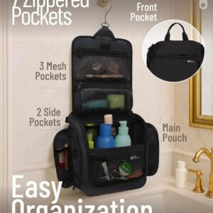 D&D Hanging Travel Toiletry Bag for Men and Women – Large Cosmetics, Makeup and Toiletries Organizer Kit with 10 Compartments, YKK Zippers, XXL Metal Swivel Hook, Water-Resistant Nylon