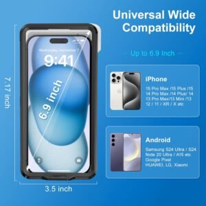 Beasyjoy Waterproof Phone Case, Underwater Snorkeling Diving Phone Case, Universal Self-Check Water Proof Case Up to 6.9 Inch for iPhone 16/15/14/13/12/11 and Samsung S24/S23/S22/Google Series – Black