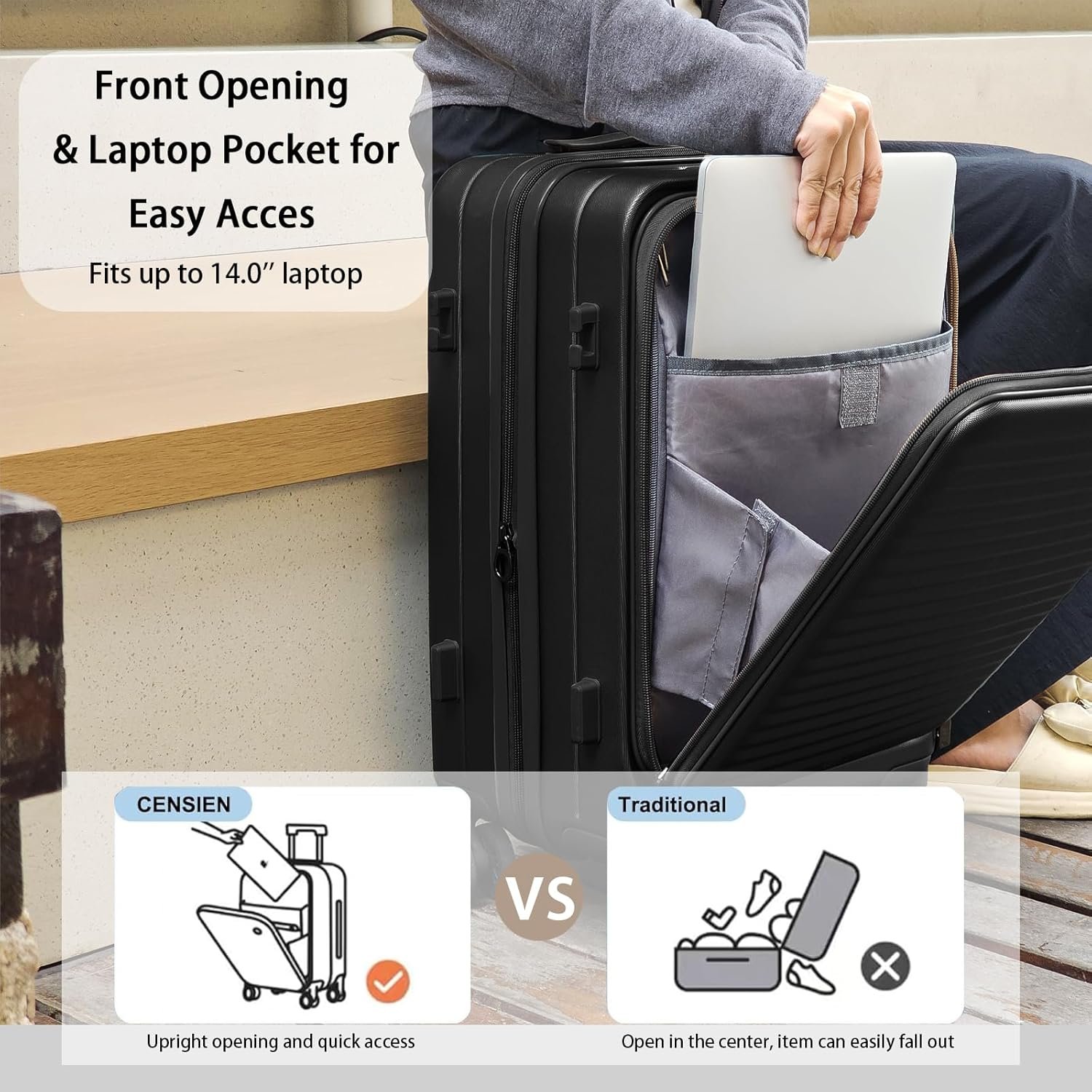 Expandable Carry On Luggage Durable Hardside Lightweight Rolling Suitcases with Spinner Wheels TSA Lock, (Black, 20-Inch) - Image 3