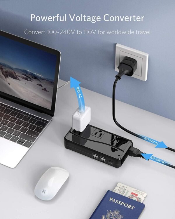 BESTEK Universal Travel Adapter 100-220V to 110V Voltage Converter 250W with 6A 4-Port USB Charging 3 AC Sockets and EU/UK/AU/US/India Worldwide Plug Adapter (Black) - Image 2