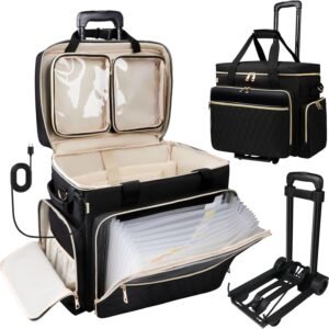 Rolling Teacher Bag with Accordion File Organizer, USB Port& 15.6 Inch Laptop Compartment, Wheeled Teacher Tote Bag with Detachable Trolley for Teaching& Office Supplies Storage (Black)