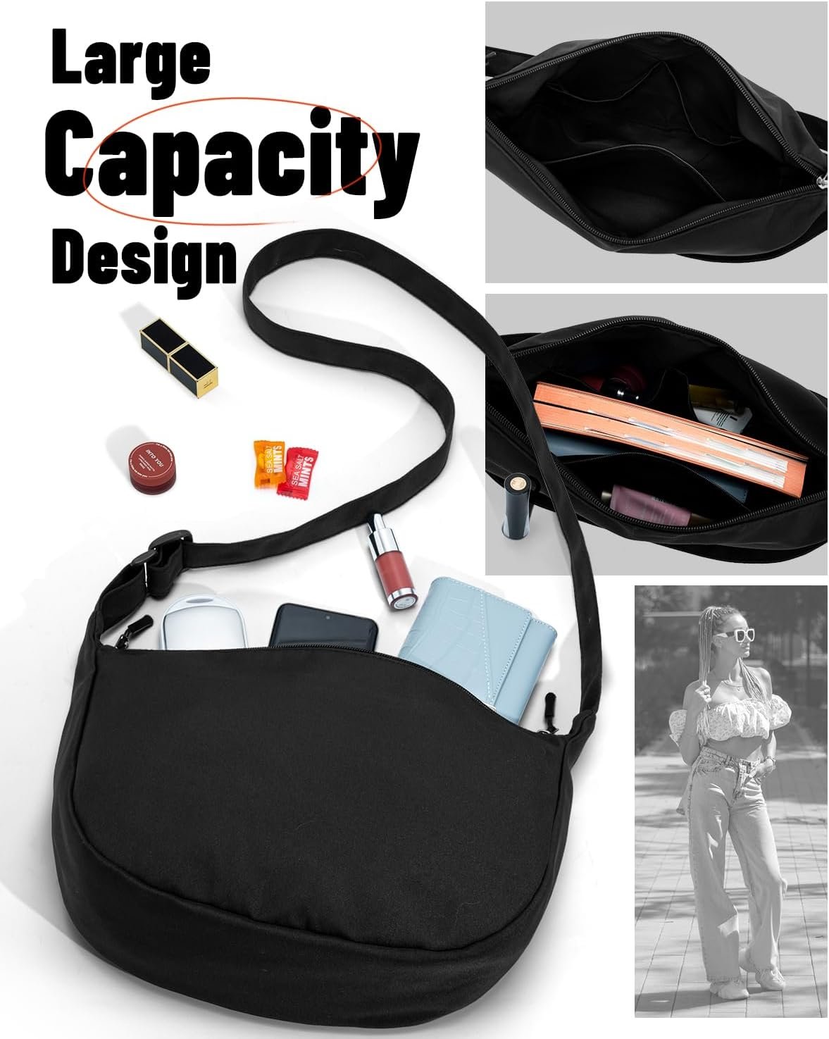 Crossbody Sling Bag for Women Men Trendy, Crescent Bag with Adjustable Strap, 2 Zippers Lightweight Nylon - Image 5