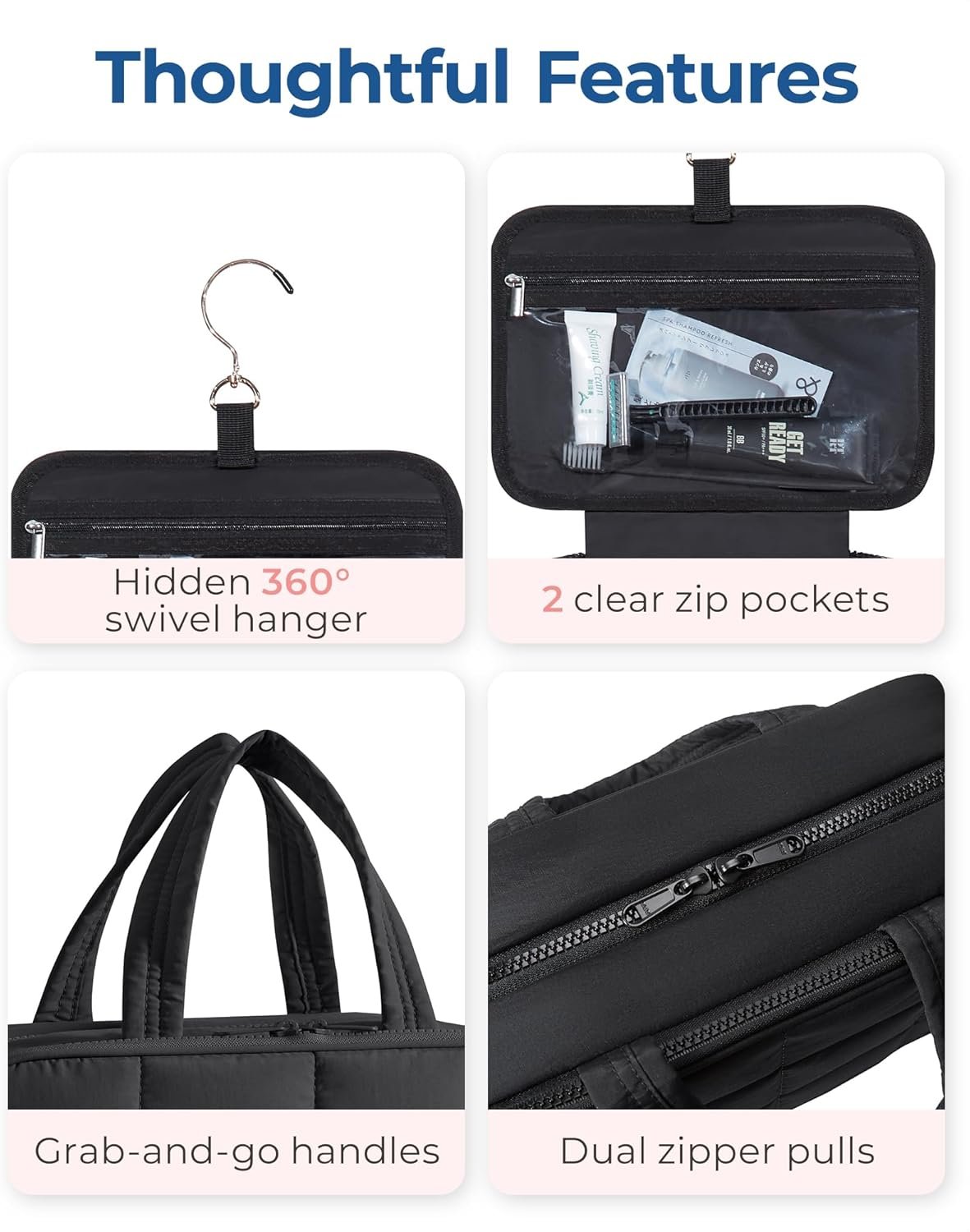 BAGSMART Travel Toiletry Bag with Jewelry Organizer, Hanging Travel Bag for Toiletries, Puffy Makeup Cosmetic Bag Organizer, Carry-on Travel Accessories Essentials, Black-M - Image 5