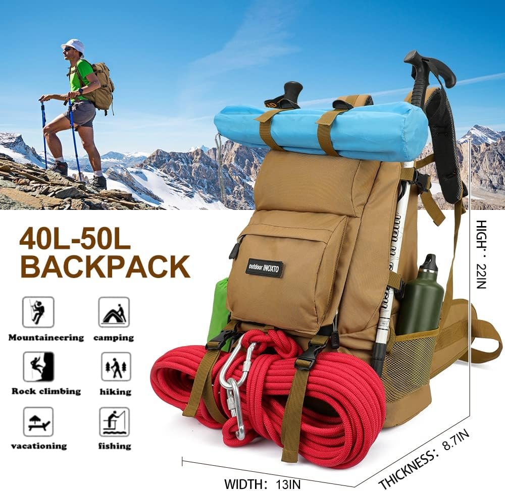 INOXTO 40L Hiking Backpack with Waterproof Rain Cover, Khaki, Unisex - Image 5