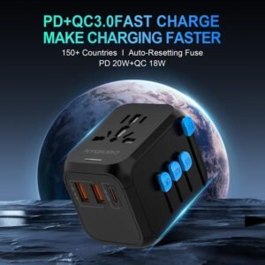 NYQIUGO Universal International Power Travel Plug Adapter with 3 USB Ports (1 USB C), Worldwide Plug Adaptor Wall Charger for USA to Europe UK France Germany Spain Ireland Australia (Type C/G/A/I)