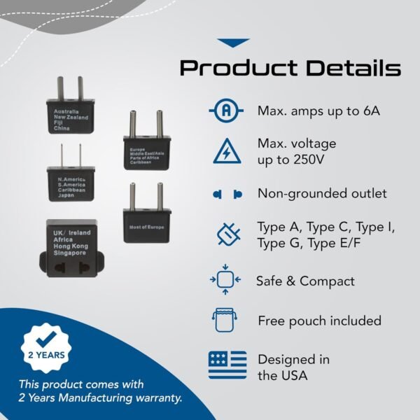 Ceptics International Worldwide Travel Plug Adapter 5 Piece Set, Great for Cell Phones, Battery Chargers, Laptops to Work in Most Countries - Image 4