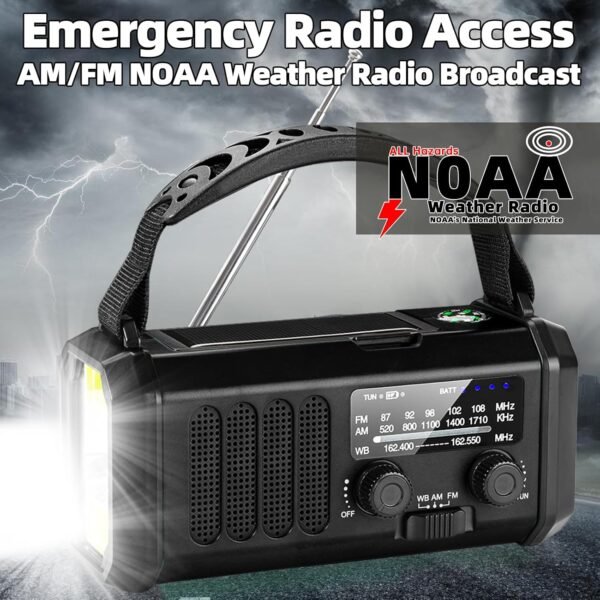 Hand Crank Emergency Radio,37000mWh Solar Powered Portable NOAA AM FM Weather Radio with 3Mode Flashlight and Reading Light,Cell Phone Charger,Home and Emergency Distress Signal (Black) - Image 3