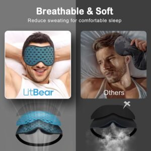 LitBear Breathable Sleep Mask, 3D Eye Mak Sleep for Side Sleepers Women Men, Light Blocking Sleeping Mask with Adjustable Strap, Soft Lightweight Eye Cover for Travel, Night Work, Nap, Office – Blue