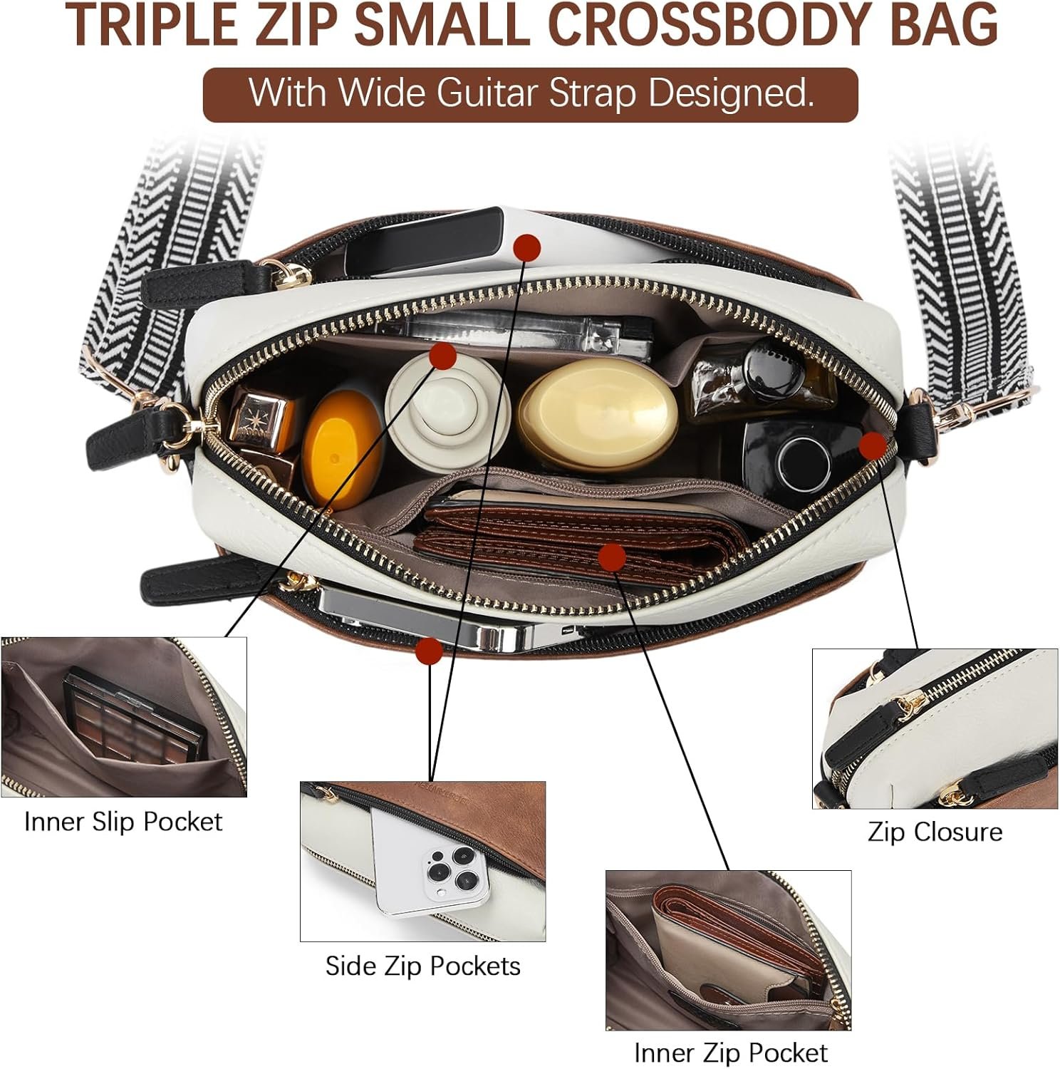 BOSTANTEN Small Crossbody Purse for Women Triple Zip Cell Phone Leather Handbag with Colored Shoulder Strap - Image 6