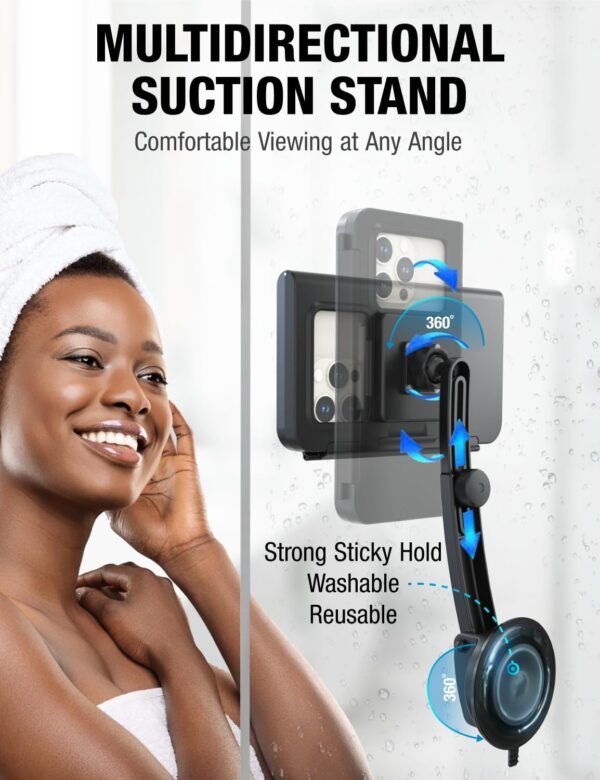 Shower Phone Holder Waterproof - Retractable Rotatable Reusable Adjustable Suction Cup Stand Anti Fog Water Proof Phone Case for Bathroom Wall Phone Mount Shower Accessories for 4-7" Phones - Image 3