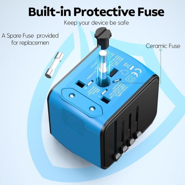 International Travel Adapter Universal Power Adapter Worldwide All in One 4 USB-A Ports Perfect for European US, EU, UK, AU 200+ Countries (Blue) - Image 5