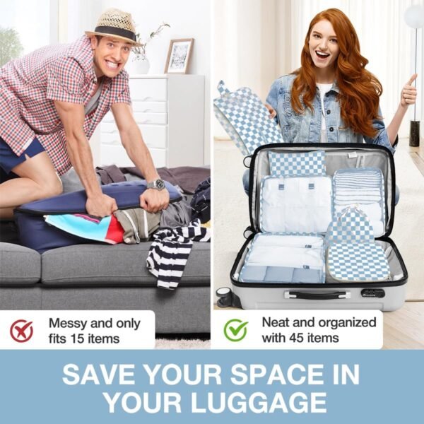 8 Set Packing Cubes for Suitcases,Packing Cubes with Shoe Bag, Cosmetics Bag, Clothing Bag, Accessories Bags Packing Cubes for Travel Luggage Organizer Women Men(Blue Checkered) - Image 6
