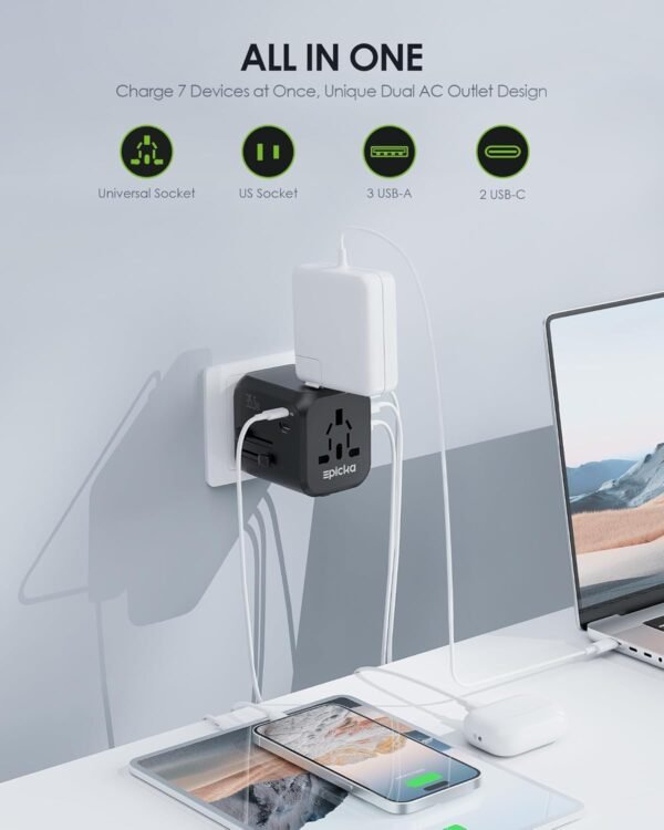 EPICKA 35W Universal Travel Adapter with 2 AC Outlet, European Travel Plug Adapter with PD Fast Charging, 6-Port (2 AC/2 USB-C/3 USB-A) International Power Adapter - Travel Essentials (TA-205, Black) - Image 2