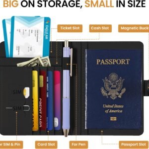 Passport Holder for Travel Essentials, RFID Blocking Leather Cover Wallet with Magnetic Closure, Aesthetic & Cute Passport Book Case for Women and Men – Black