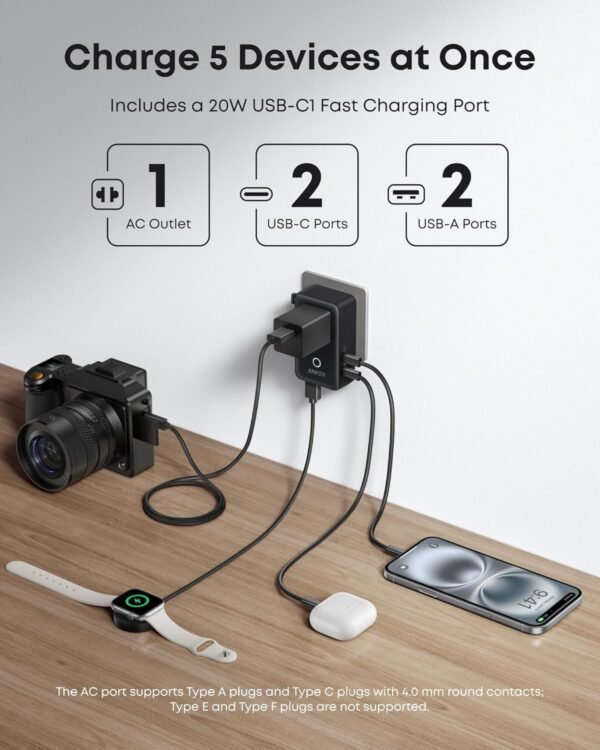Anker Nano Travel Adapter, 5-Port Power Adapter with 1 AC, 2 USB-A, and 2 USB-C Ports, Smart Temperature Control, Compatible with Over 200 Countries, Ideal for Travel (1-Pack) - Image 3