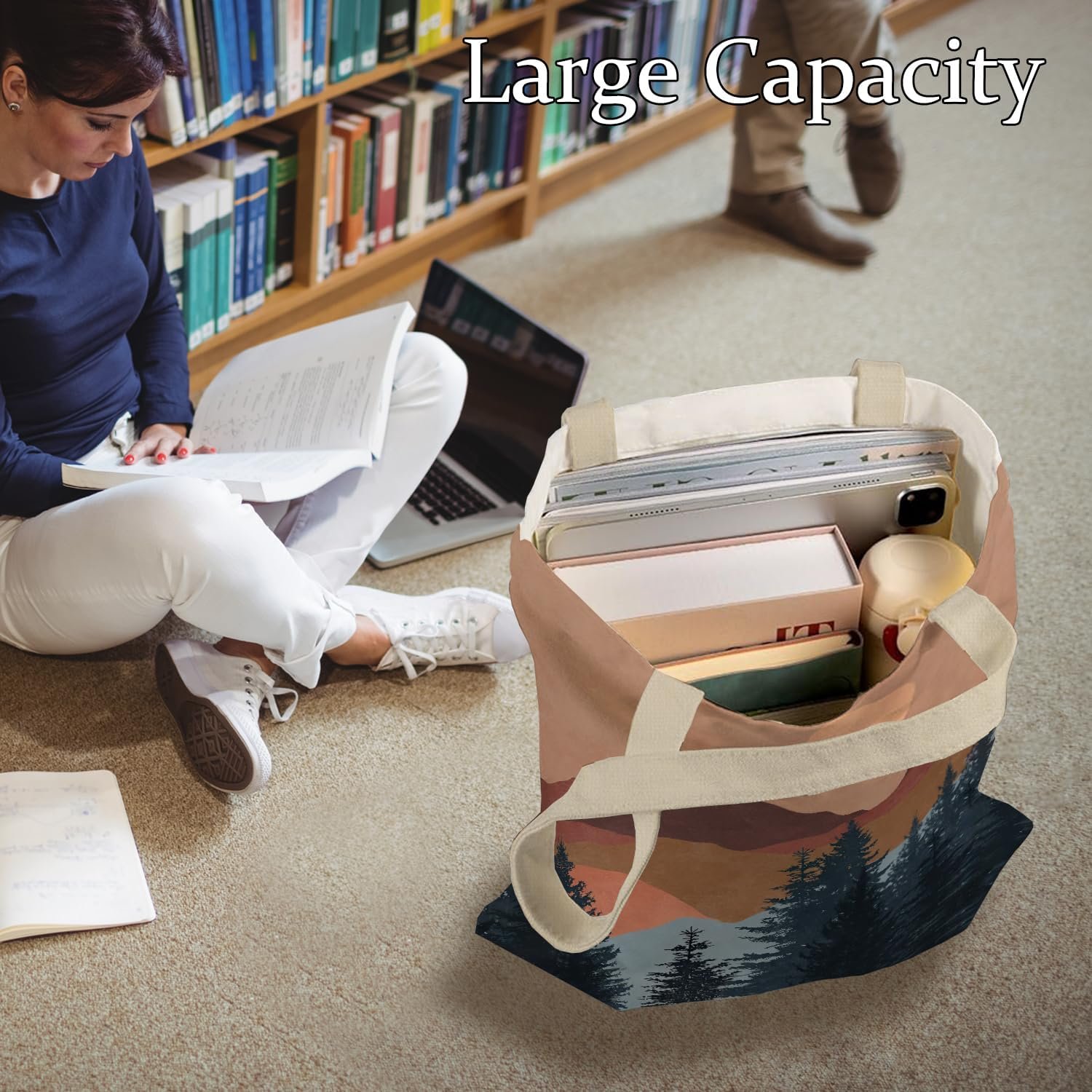 Boho Tote Bag, Vintage Boho Sun Mountain Canvas Tote Bags for Women, Aesthetic Tote Bag, Reusable Grocery Bags Shopping Bags, Boho Gifts for Women - Image 3