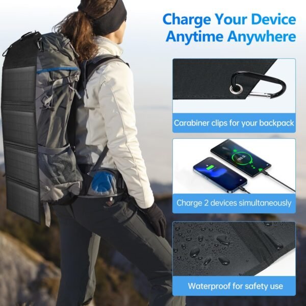 Portable Solar Panel 35W Mobile Phone Solar Charger with Dual USB Outputs Waterproof Smartphones Battery Charger Foldable Solar Charging Panel for Camping, Hiking and Outdoor Trip (Black) - Image 2