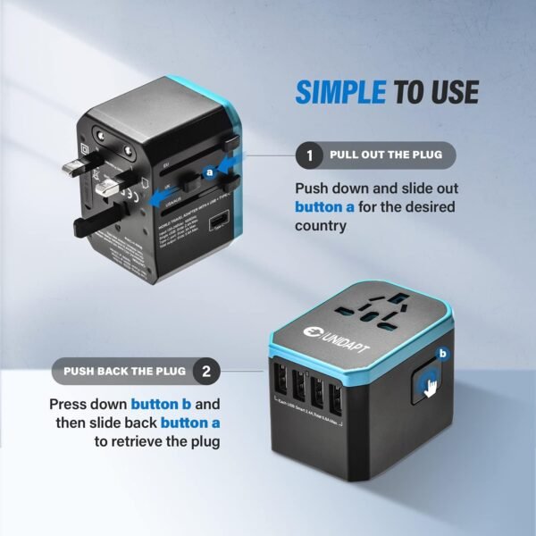 Unidapt Universal Travel Adapter, European Travel Plug Adapter - International Power Adapter Worldwide Charger with USB-C & 4 USB Ports, Travel Essentials for Italy, Japan, Europe, UK (UA-101, Blue) - Image 3
