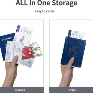 Passport Holder Cover Wallet Case RFID Blocking Leather Card Slot Travel Accessories Documents Organizer Protector for Women Men, Navy Blue