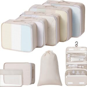 Packing Cubes for Travel – 9 Set Large Travel Cubes Luggage Organizer Bags Set With Laundry Bags/Shoe Bag/Toiletry Bag (Beige)