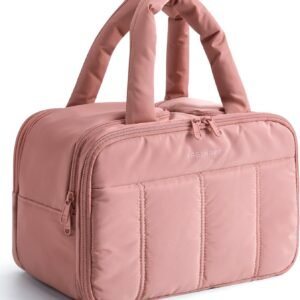 BAGSMART Travel Toiletry Bag, Puffy Large Toiletry Bag for Women, Lightweight Cosmetic Makeup Bag Organizer with Handle for Traveling, Accessories, Essentials, Toiletries （Dark Pink