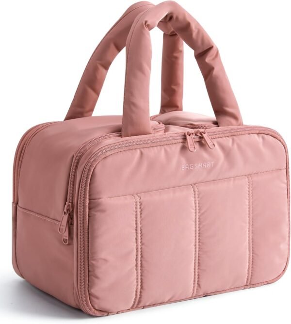 BAGSMART Travel Toiletry Bag, Puffy Large Toiletry Bag for Women, Lightweight Cosmetic Makeup Bag Organizer with Handle for Traveling, Accessories, Essentials, Toiletries （Dark Pink