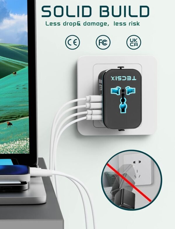 Universal Travel Adapter Worldwide, TECSIX European Travel Plug Adapter with 2 USB C, 2 USB A and Multi AC Outlets, International Power Converter for EU US UK AUS 200+ Countries Type A C G I - Image 9