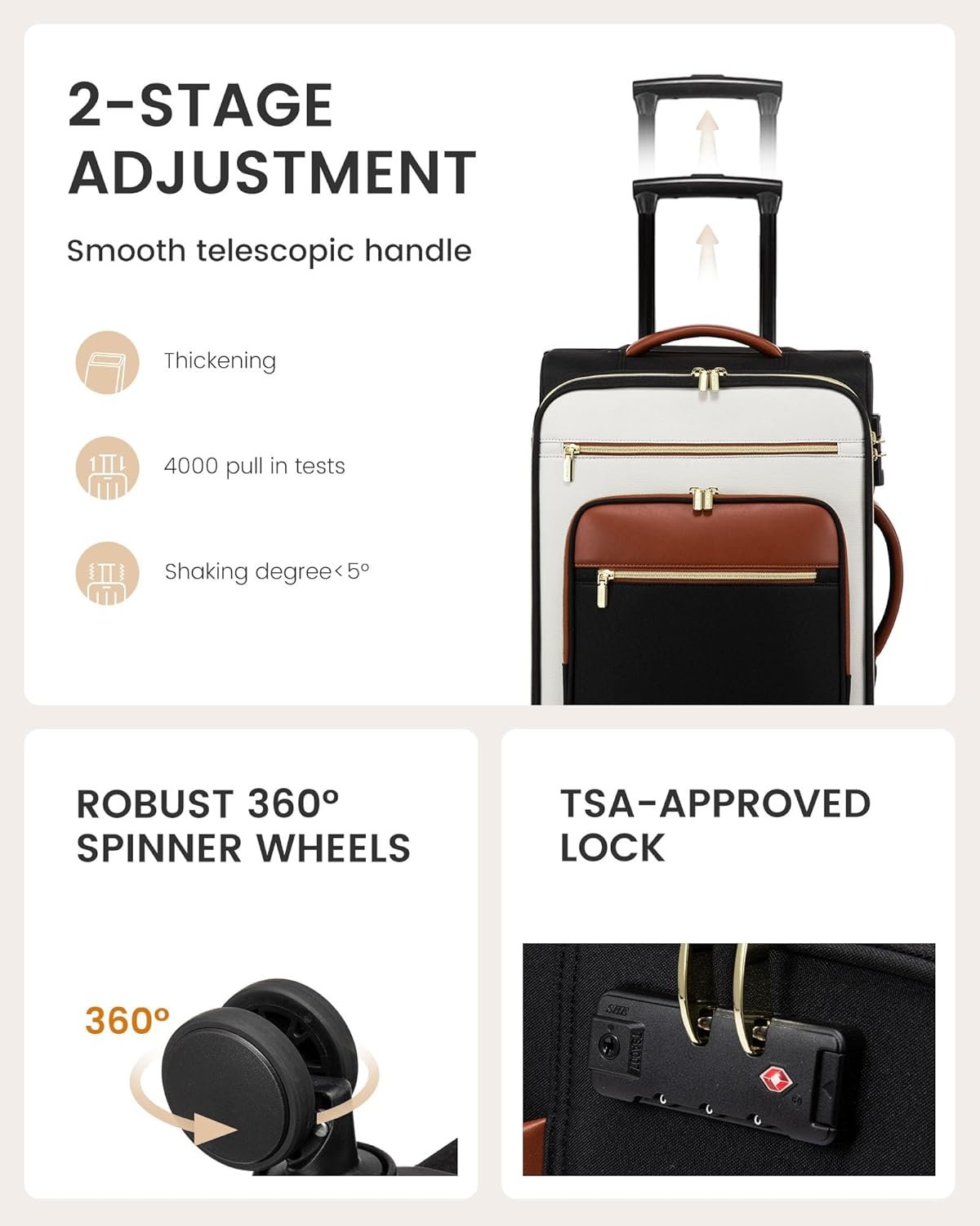 LOVEVOOK Carry on Suitcase 22x14x9 Airline Approved,20 inch Lightweight Waterproof Suitcases with 360° silent swivel wheels, TSA Lock and Compartment, Large Capacity travel Suitcase Black-White-brown - Image 6